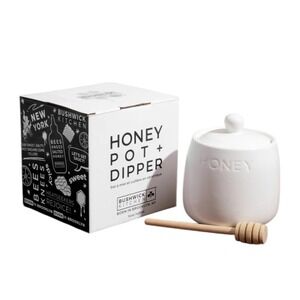BUSHWICK KITCHEN Ceramic Honeypot Jar with Lid & Wooden Dipper White 14 oz NEW!